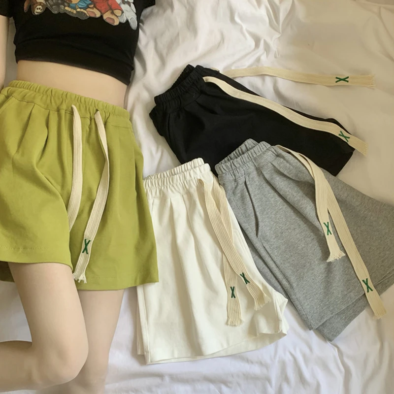 Elastic waist outer wear sports wide leg shorts for women's summer thin knit cotton Korean high waisted solid color casual pants