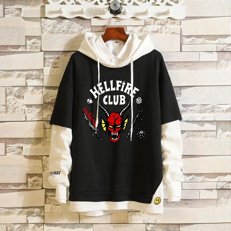 

Hoodies Men Women Hellfire Club Eddie Munson Harajuku Sweatshirt Hip Hop Streetwear Pullover Steve Harrington Fake Two Hoodie