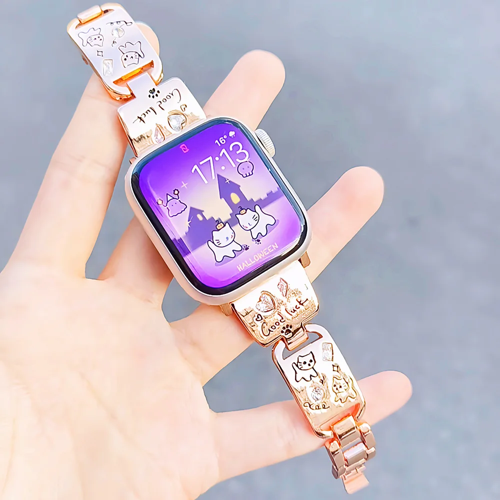 Фото Нарядный ювелирный браслет для Apple Watch Band 46 мм, 45 мм, 44 мм, 49 мм, 42 мм, 41 мм, 40 мм, 38 мм, для женщин и девочек, милый стильный металлический ремешок с бриллиантами №3