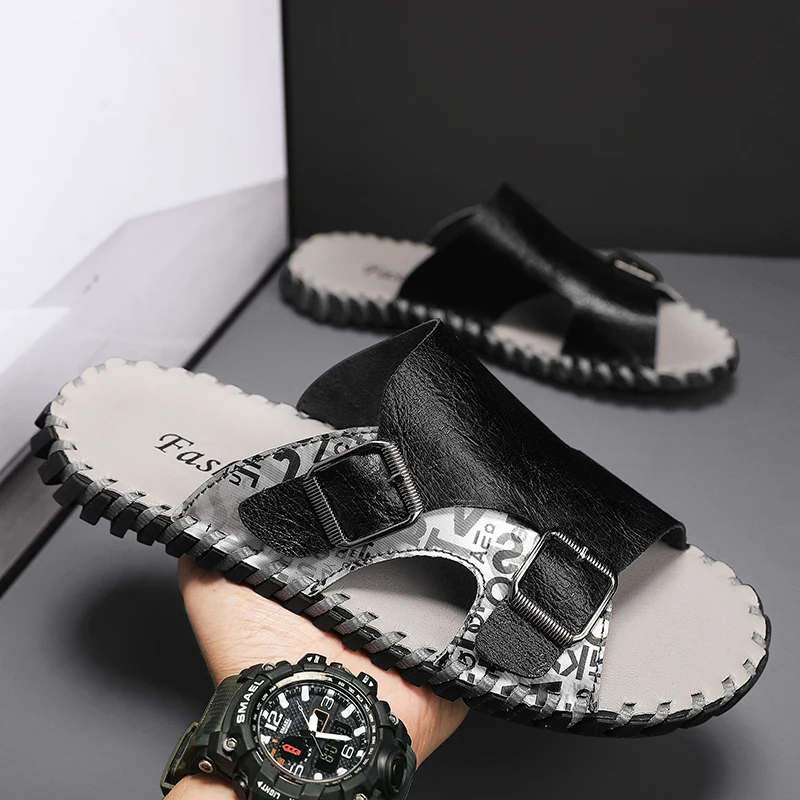 Сандалии мужские из натуральной кожи дышащие шлепанцы удобная повседневная