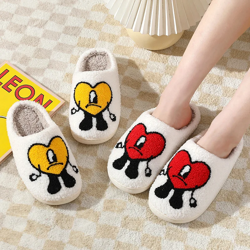 Comwarm Winter Fulffy Fur Slippers For Women Plush Fleece Flat Love Heart Slippers Sweet Indoor Cotton Shoes Home Couple Slides