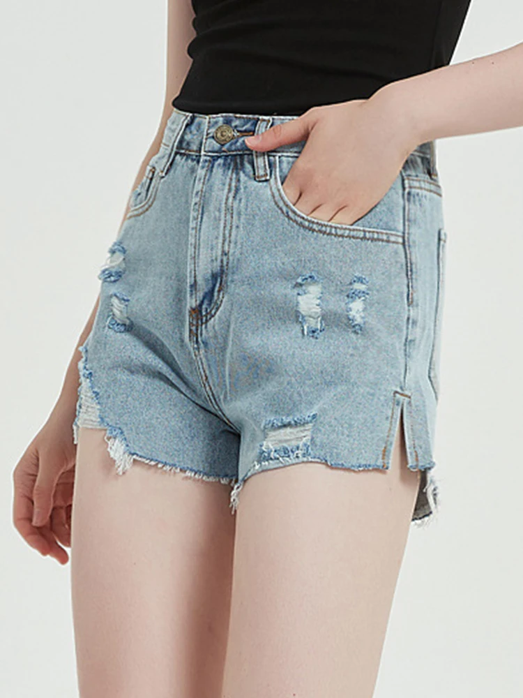 New Summer Women High Waist Hole Frayed Loose Blue Denim Shorts Streetwear Female Retro Raw Hem Jeans Shorts Bottoms