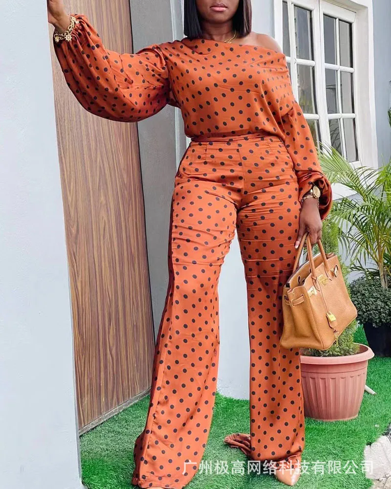 

Polka Dot Print Lantern Sleeve Top & Pants Set Women Spring Summer 2pcs Clothes Suit Blouse Tops High Waist Pants
