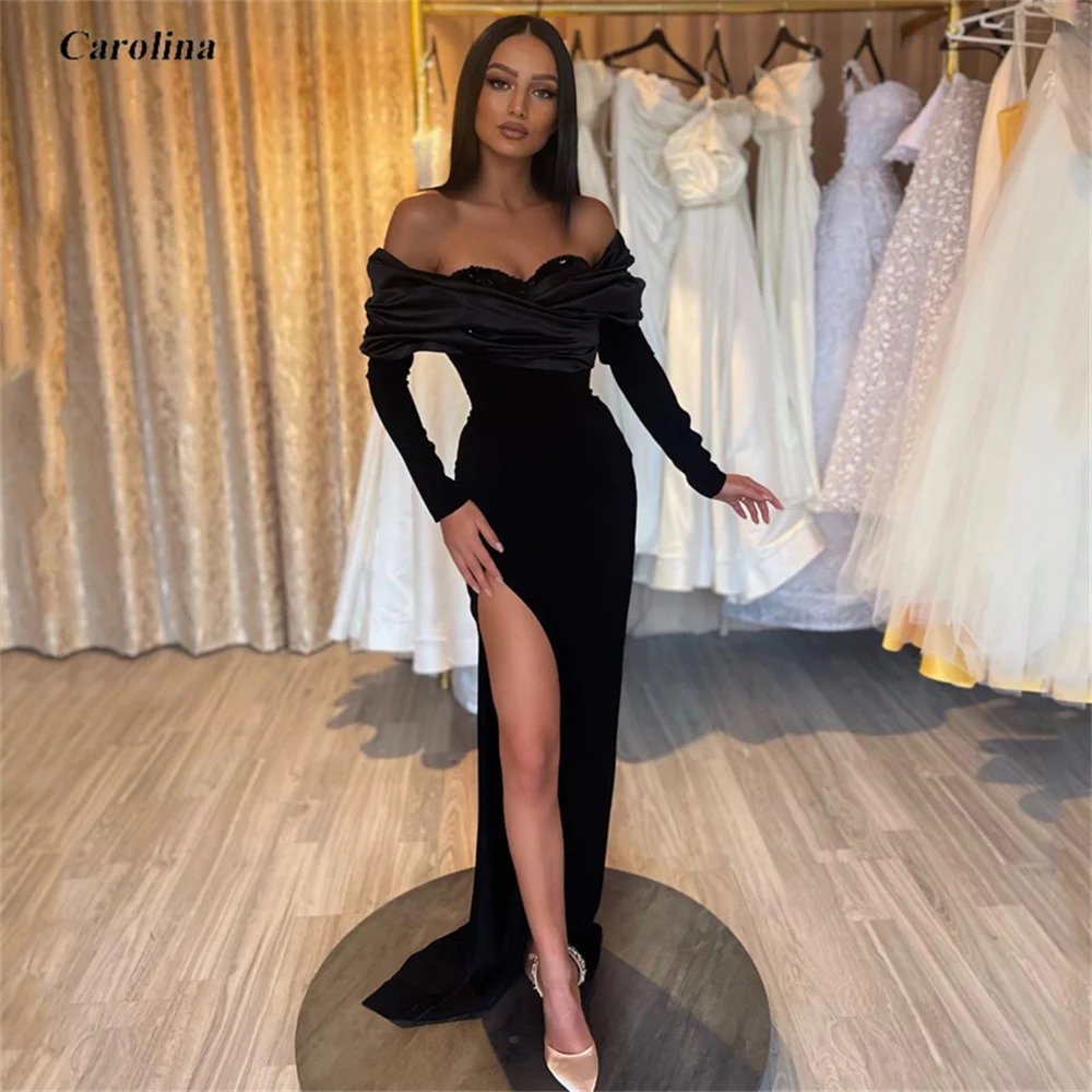 

Long Sleeves Satin Sequined Ruched Prom Gown Mermaid High Split Occasion Dress Robe De Soirée Women Elegant Evening Party Dress