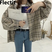 flectit casual plaid shirt oversized long sleeve button up collared khaki checked shirts women summer spring