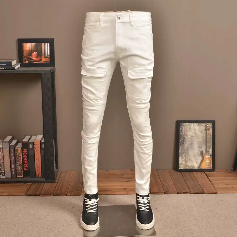 Street Fashion Men Jeans White Elastic Skinny Fit Spliced Biker Jeans Homme Pockets Designer Hip Hop Pants Men Stretch Trousers