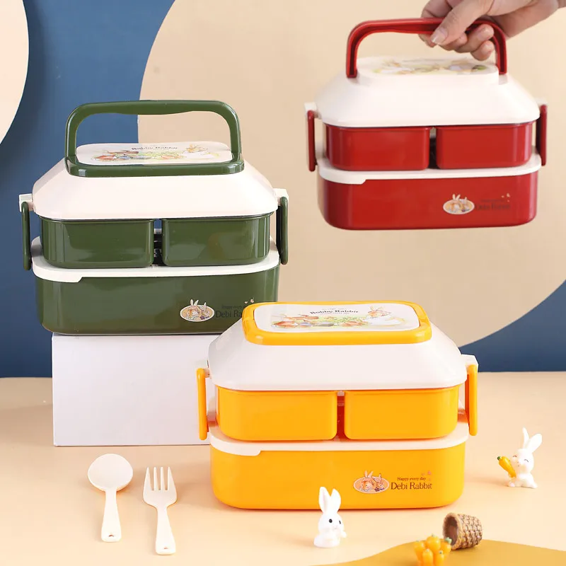 Fiambrera Bento de dibujos animados para niños, caja de almuerzo apilable de 3 compartimentos con asa, contenedor sin BPA con cubiertos