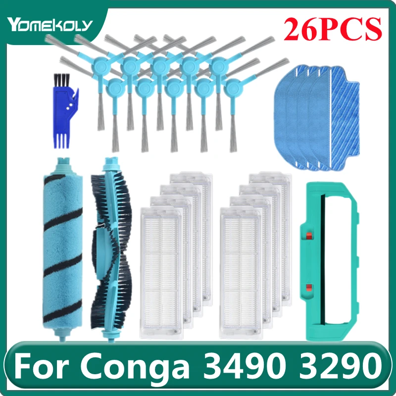 

for Conga 3490 3290 Robot Vacuum Cleaner HEPA Filter Side Brush Main Brush Main Brush Cover Mop Cloth Replacement Accessories