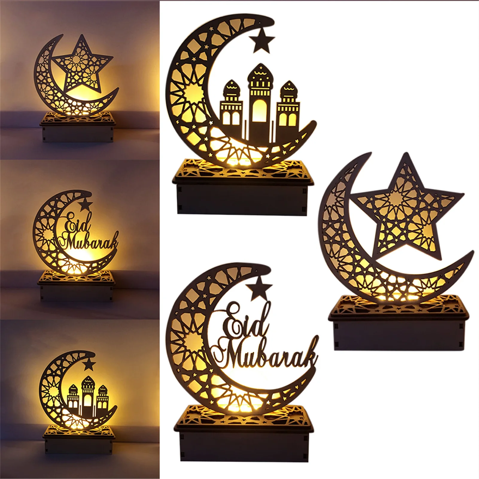 

Wooden Ramadan Eid Mubarak Decorations For Home LED Table Stand Moon Palace Decorative Light Islam Muslim Event Party Supplies