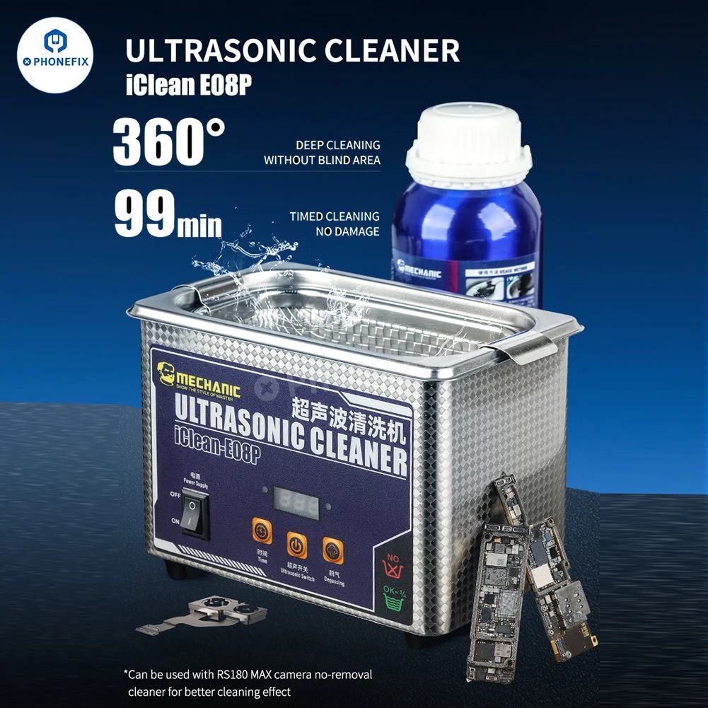 Фото Ультразвуковой очиститель MECHANIC iClean-E08B 360° °   Чистка 40 кГц 0,8 л с возможностью времени для стекла объектива телефона, камеры, часов, инструмент для ремонта №1