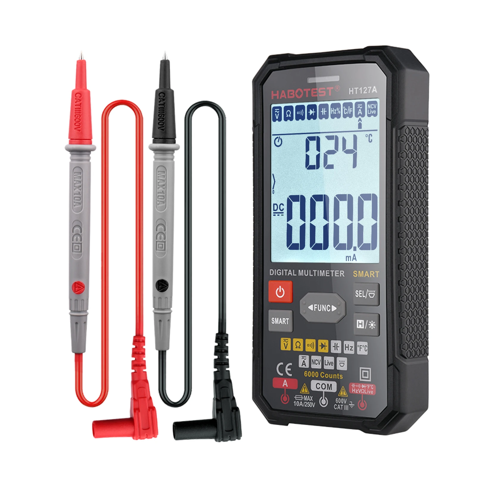 

HT127B Digital Multimeter T-RMS Auto Range AC DC NCV Color LCD Smart Multimetro Tester Voltage Capacitance Resistance Meter