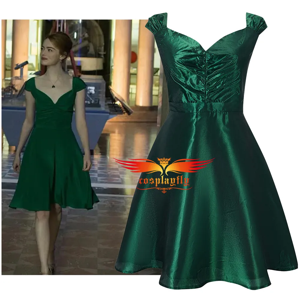 

Anime La La Land Mia Cosplay Costume for Adult Women Green Cocktail Party Dress Elegant Ladies Beauty V Neck Open Back Gown