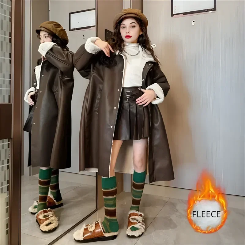 Зимнее пальто из искусственной кожи на флисе для девочек 12-13 лет