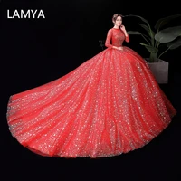 lamya womens plus size red wedding dress long sleeves lace bride bridal tail simple pettiskirt vestido novia evening party