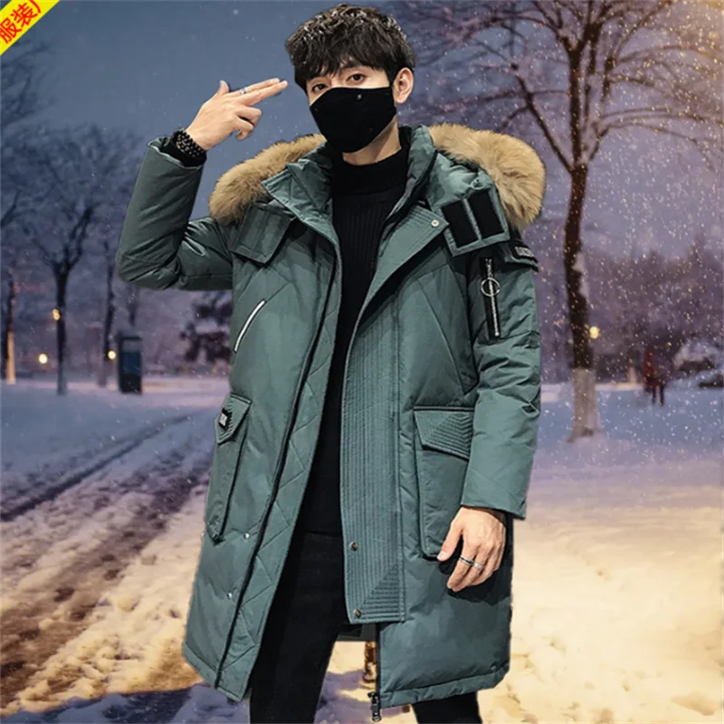 Men's Cotton Padded Clothes Medium Length Down Jacket Raccoon Dog Real Wool Collar Overalls Thickened Warm Keeping Overcoat In W