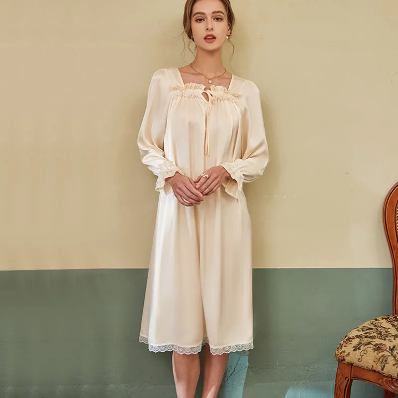 Nightgown Women Satin Silk Long Sleeve Sleepwear Palace Style Sleepdress Loungewear Kimono New Home Dressing Gown Sexy Nightwear