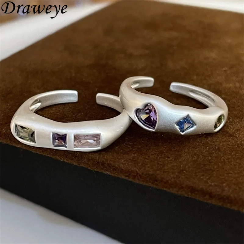 

Draweye Colorful Zirconia Jewelry for Women Heart Geometric Metal Cuff Rings Hiphop Adjustable Forefinger Anillos Mujer