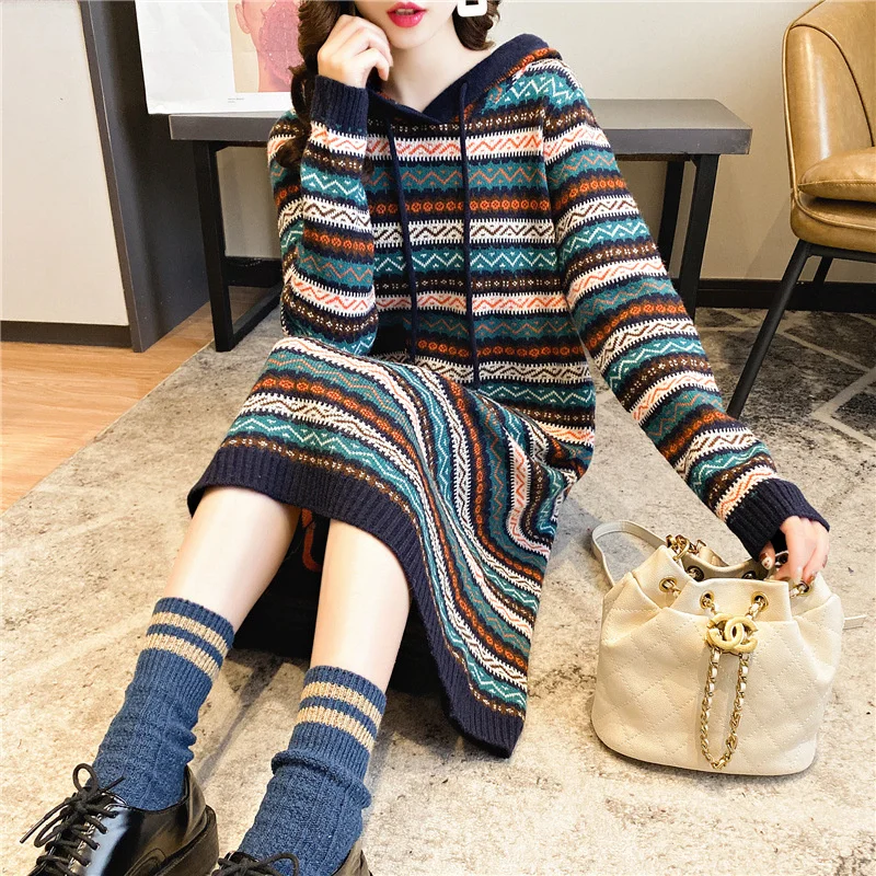

#7470 Sweater Dress Women For Winter Vintage Striped Knitted Dresses Female Straight Hooded Dress Woman Loose Warm Knee-length