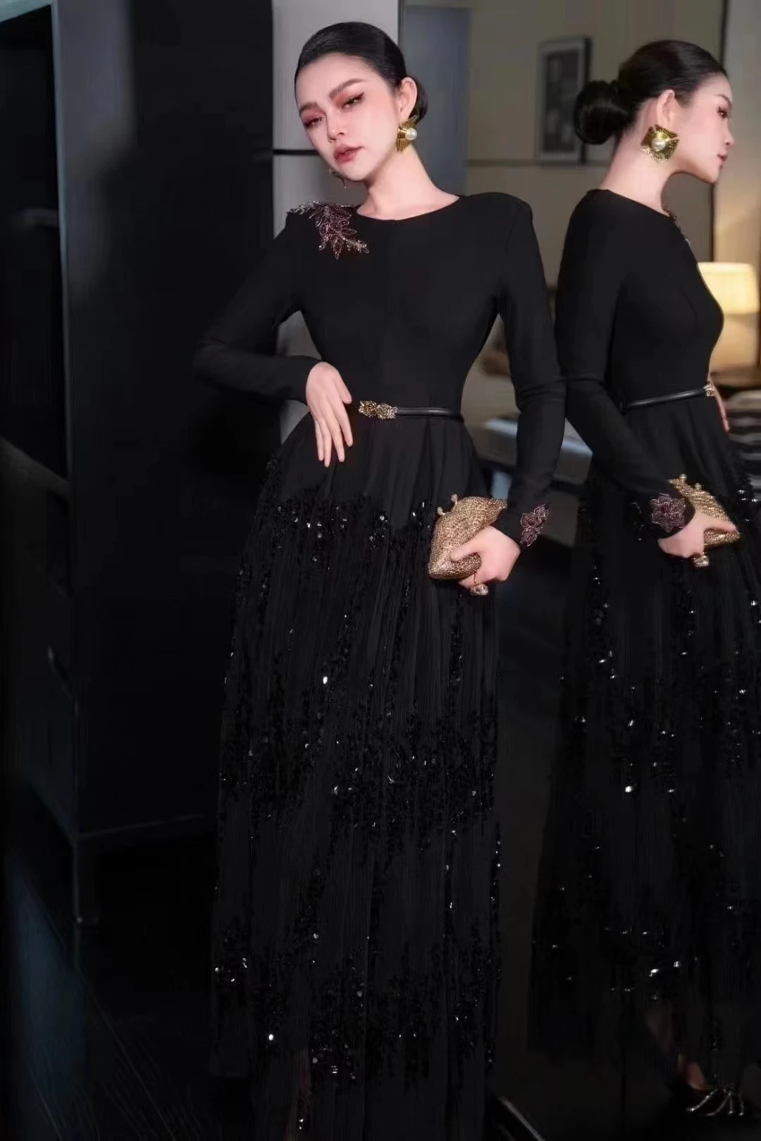 Женское длинное платье с блестками SEQINYY элегантное модельное сеткой и бусинами