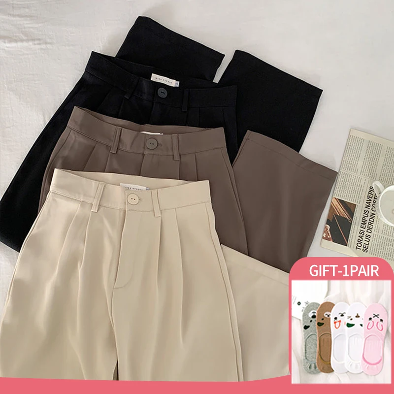 

Женские прямые брюки с завышенной талией, повседневные офисные черные брюки в Корейском стиле, брюки для улицы, 2022