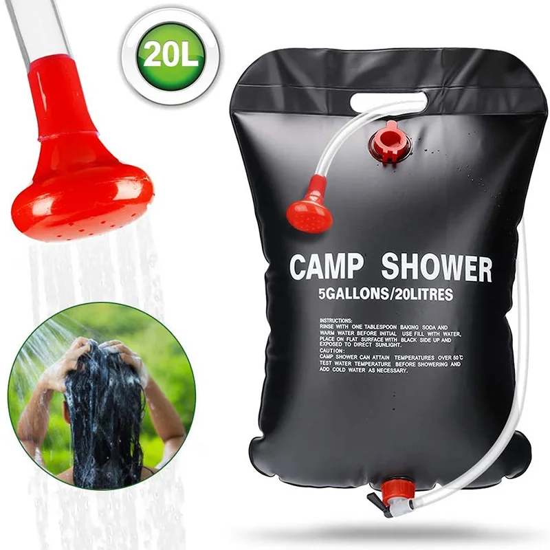 

20L Water Bags Outdoor Camping Shower Bag Solar Heating Portable Folding Hiking Climbing Bath Equipment Shower Head Switchable