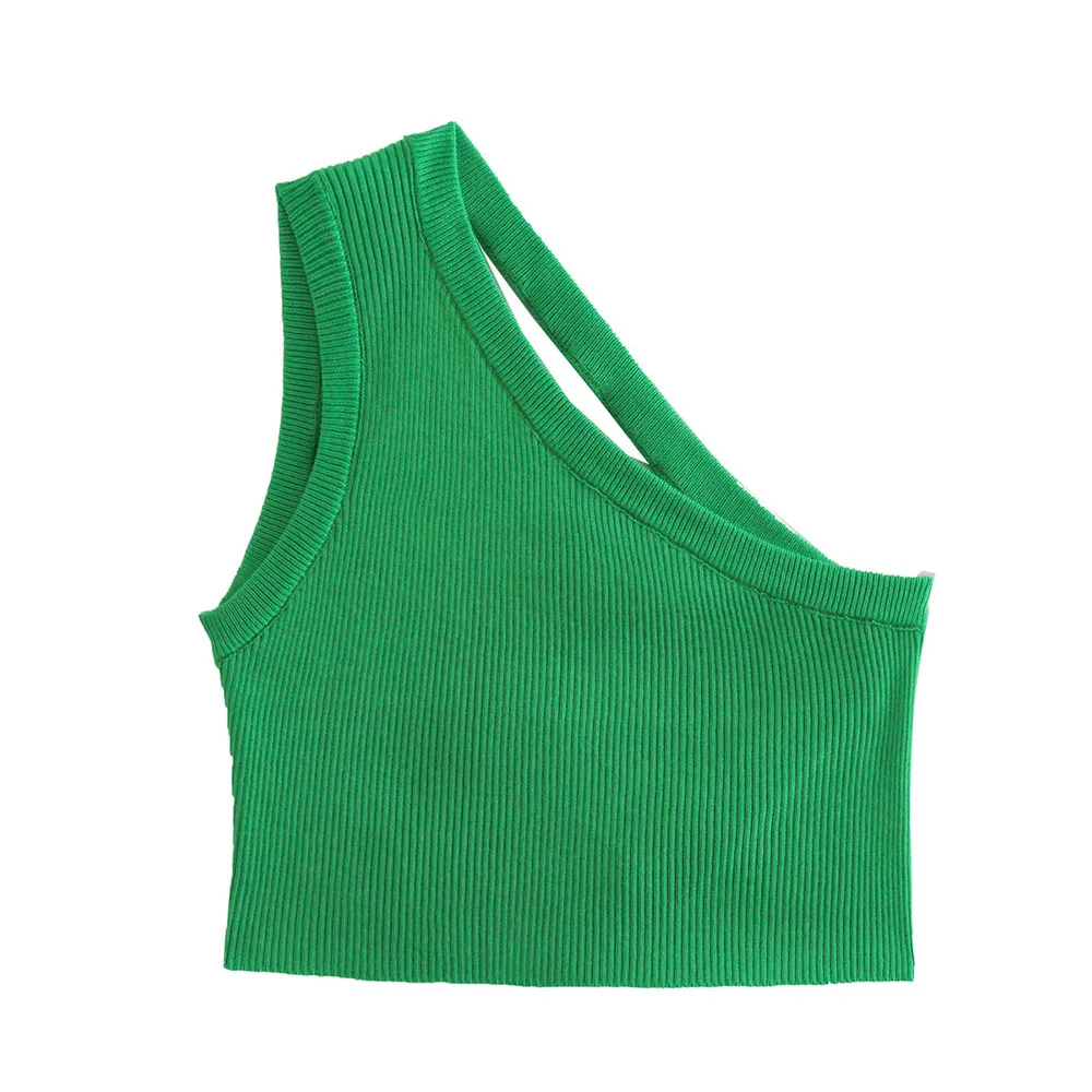 

2022 Female clothing new fashion short camisole one shoulder knitted crop top green backless Women summer tops