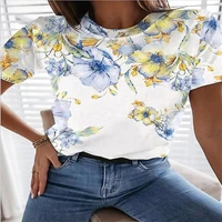 new white flower pattern womens short sleeved top daily casual 2022 summer o neck womens t shirt