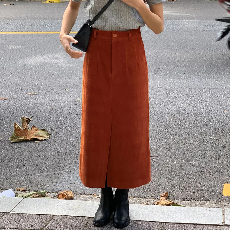

Autumn/Winter New Corduroy Vintage Women Skirt High Waist Slit Package Hip Step Half Dress Skirt Elegant Fashion Mid-Calf