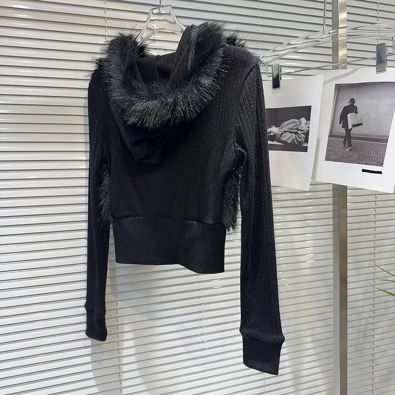 DEAT женские свитера черного цвета с капюшоном в стиле пэчворк плюшевый вязаный