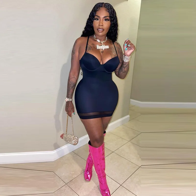 

2022 Summer Women's Nightclub Sexy Dress Mesh Splicing Mini Bodycon Dress Fashion Bodysuit Black Jumpsuit Women Outfits 21019