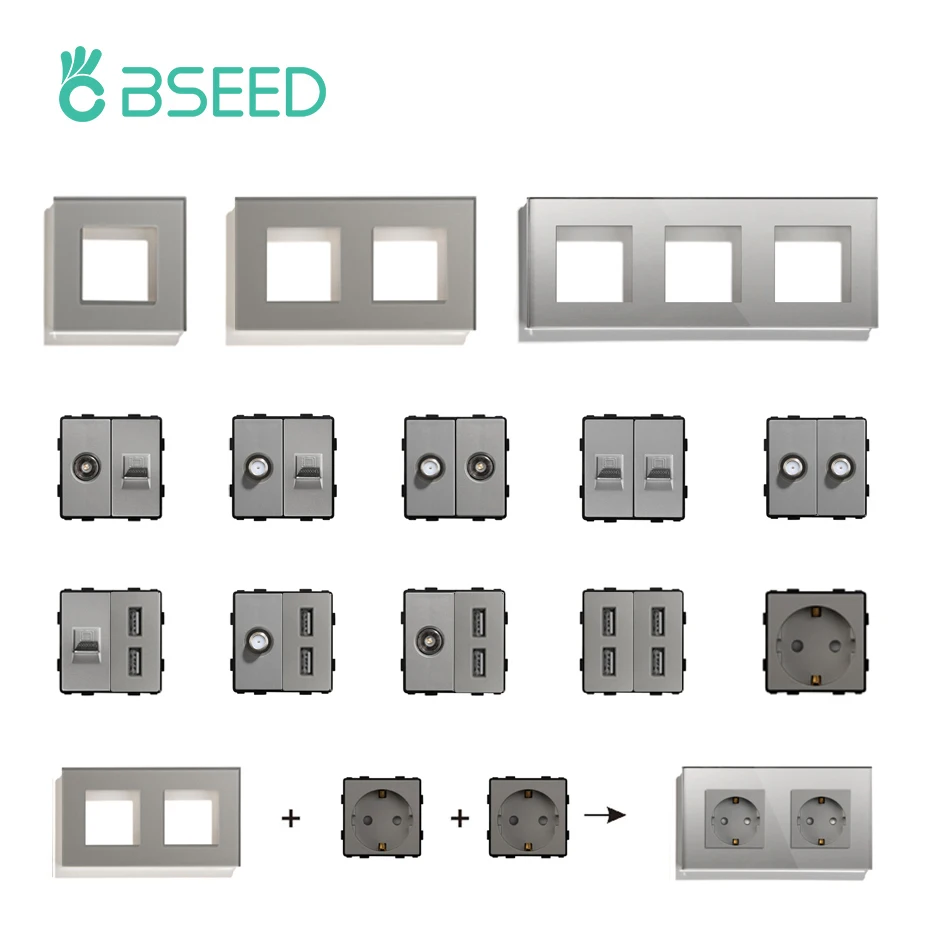 

BSEED Wall Light Switches Glass Panel Parts Gray USB Sockets Function DIY Moudule EU CAT5 TV Sockets ST TEL Power Outlet Parts