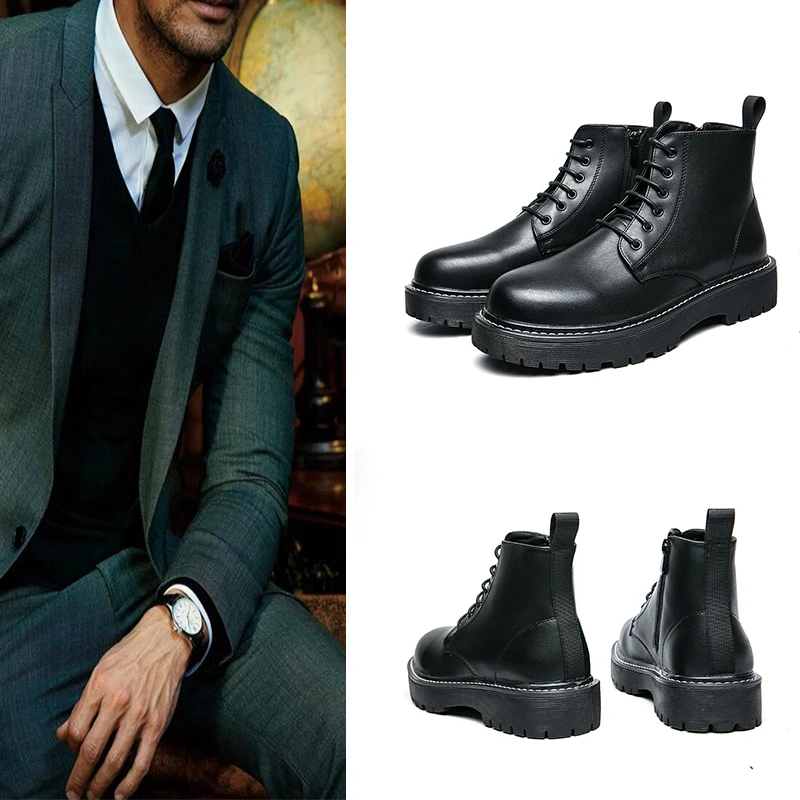 

Zipper boots classic boots British Style Motorcycle boots Medium Cut retro Martin boots ankle Round Toe Cow Leather laces boots