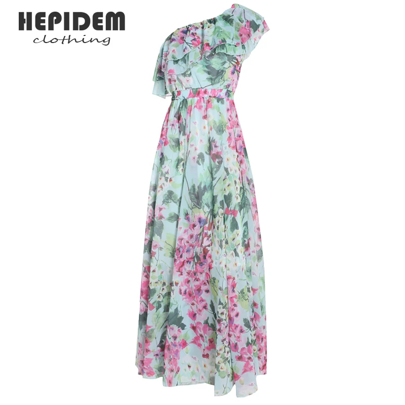

HEPIDEM Clothing Summer Sloping Shoulders Chiffon Long Dresses Women's Short Sleeve Elegant Print Party Holidays Dress 69992