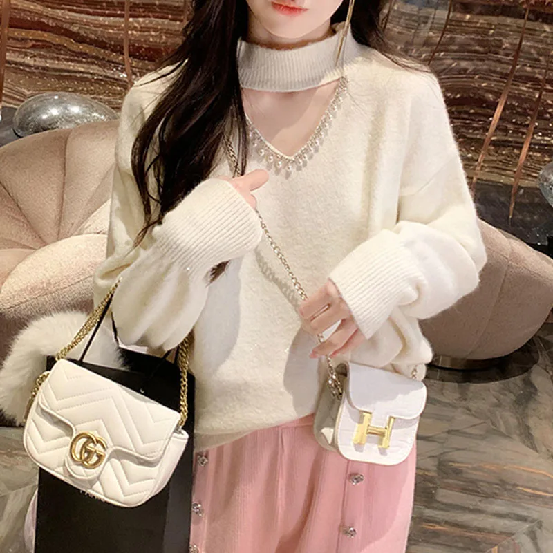 

V-Neck Comfortable Long-Sleeved Solid Color All-Match Spring Temperament Women'S Pullover Base Fashion Beautiful Knitted Sweater
