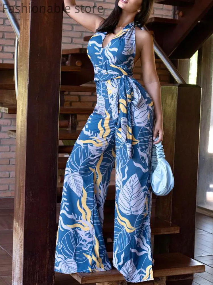 

Women Loose Print Sleeveless Halter Lace-Up Split Wide Leg Jumpsuits