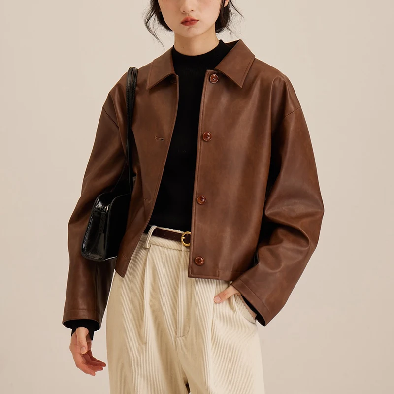 

Куртка женская демисезонная из экокожи, однобортное пальто с лацканами и длинным рукавом, винтажная верхняя одежда свободного покроя, уличная одежда