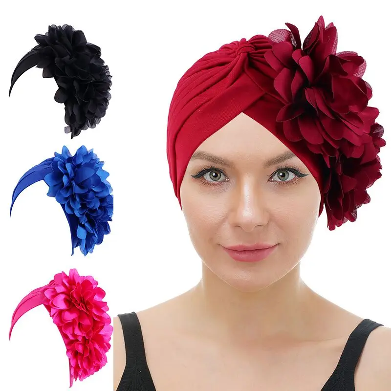 

Big Flower Turban Stretchy Headscarf Women's Beanie Muslim Hijabs India Cap Ladies Hat Turbante Hair Loss Cap for Wedding Party