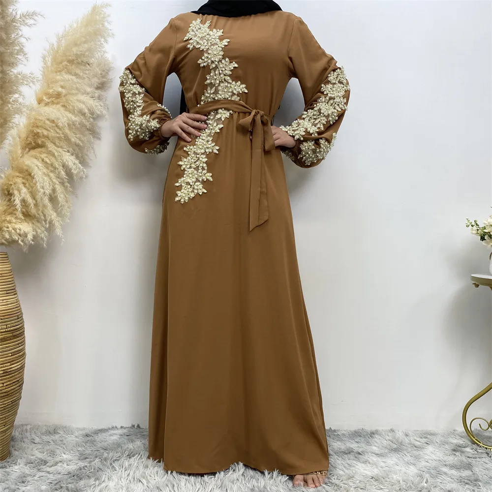 2023 New Long Dress Middle Eastern Arab Women's Fashion Lace Appliqué Beaded Muslim Dress Hija Muslims for Women Abaya Dress