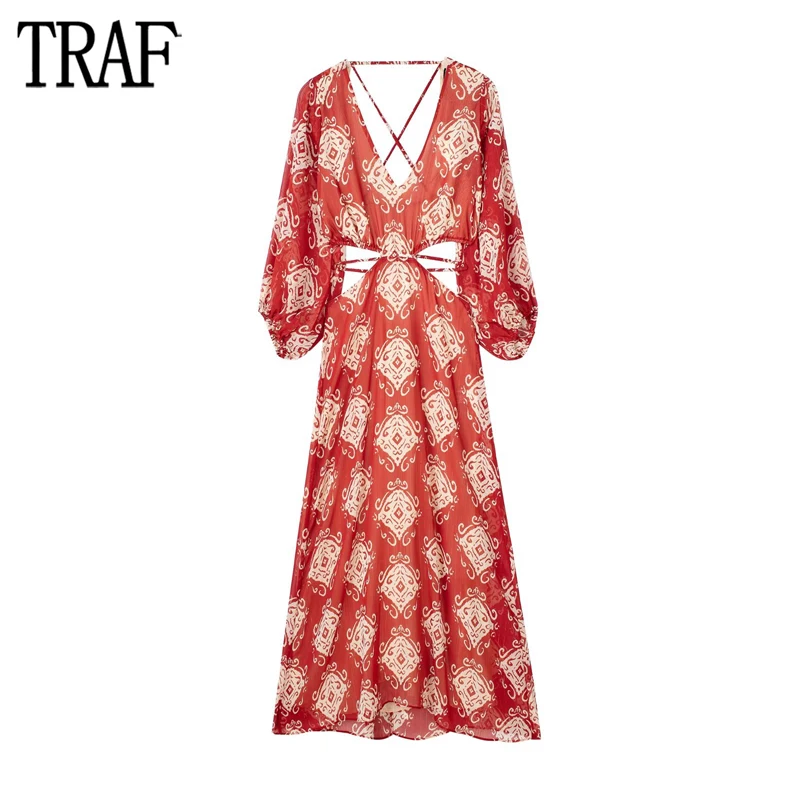 

TRAF Cut Out Long Dresses for Women Boho Backless Maxi Dress Woman Puff Sleeve Tulle Female Dress Sexy Party Summer Dress Women