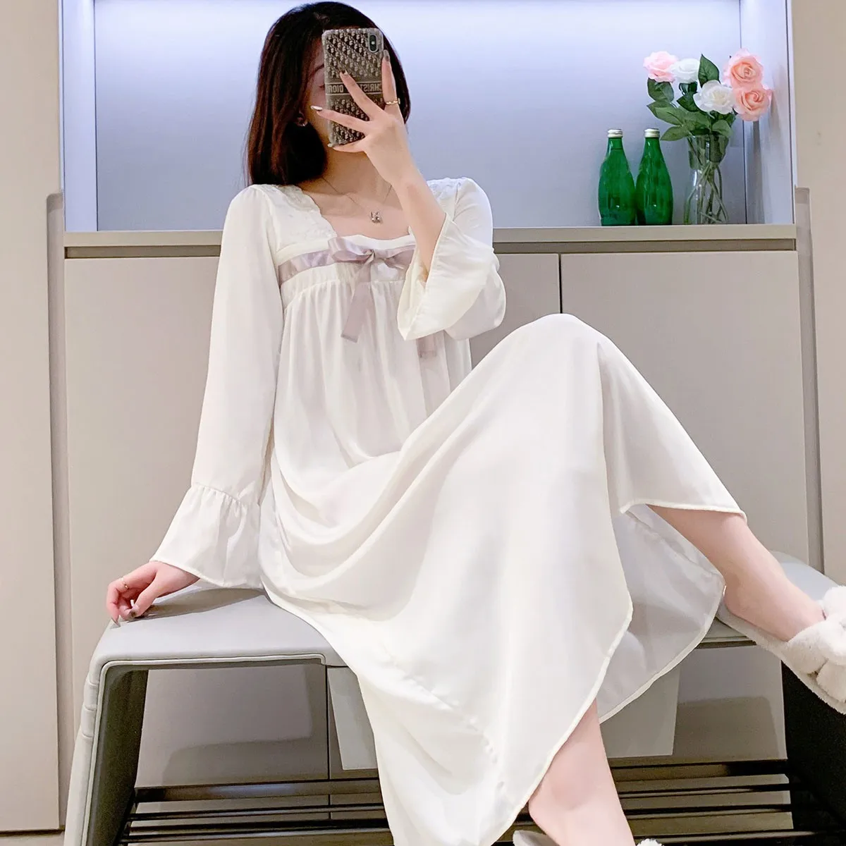 Кружевная отделка ночная рубашка для женщин сексуальная одежда сна из модала