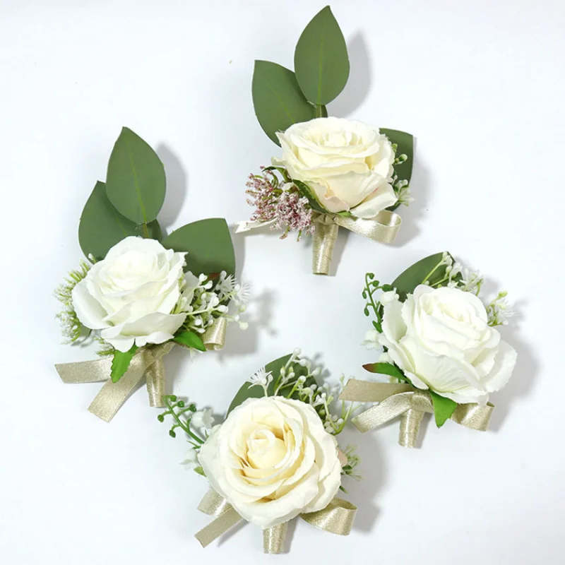 

White Champange Rose Flowers Boutonnieres Wrist Corsage Wedding Accessories Marriage Groomsmen Witness Decor