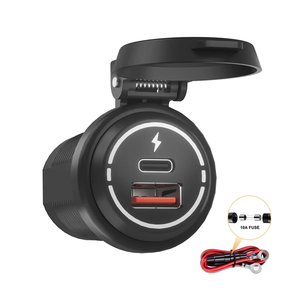 

Автомобильное зарядное устройство USB 12 В/24 В PD Type C + розетка QC 3.0 с пружинной крышкой, два порта, быстрая зарядка для мотоцикла, квадроцикла, автофургона