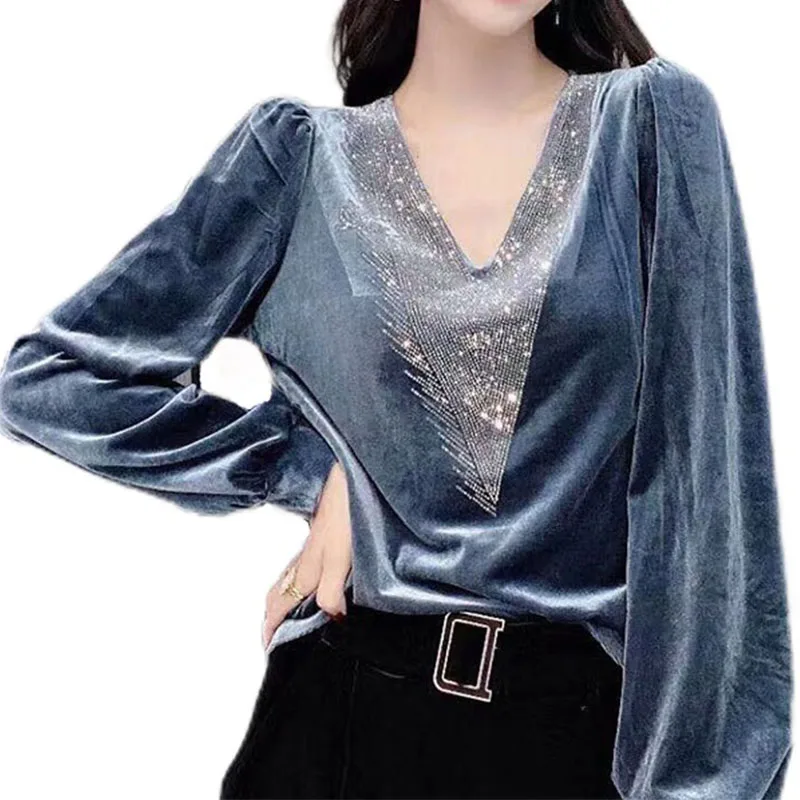 

LN 2023 Gold Velvet long-sleeves Top Autumn Winter Fashionable Western Style V-neck Women's Inside Slim Fit Bottomin Shirt