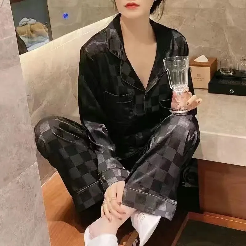 Spring and Autumn Pajamas Women's Ice Silk Long Sleeve Two Piece Set 2023 New Thin Simulated Home Wear