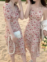 2022 womens elegant floral midi dress ladies sexy vintage french sling party chiffon lrregular fashion beac dress latest summer