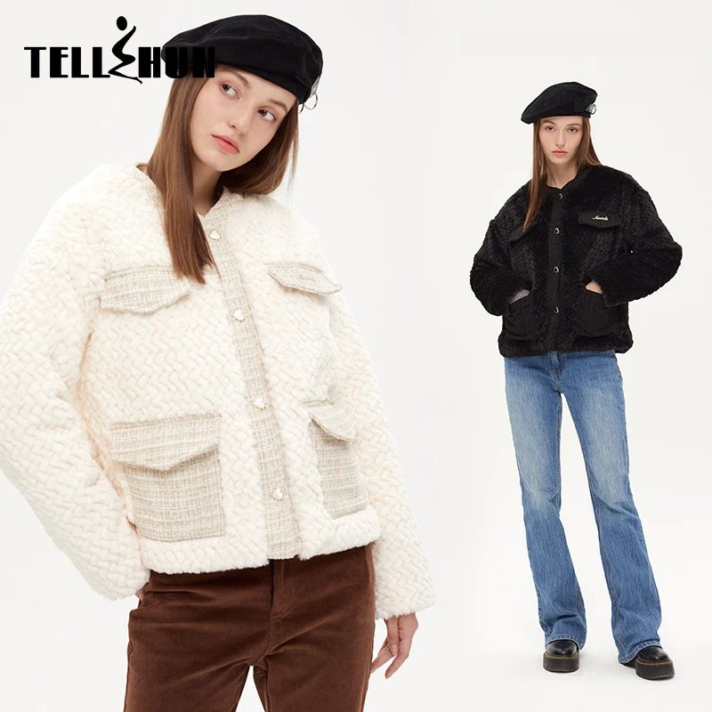 Tellshun Korean Fashion Cotton Coats Women Streetwear V-Neck Lamb wool Jacket Femme 2022 Autumn Winter Thick Warm Plush Coat