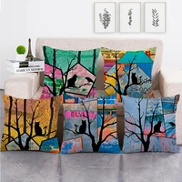 cat in the tree cotton linen pillowcase oil painting graffiti pillow covers decorative pillowcase 40x40 cm room aesthetics 45x45