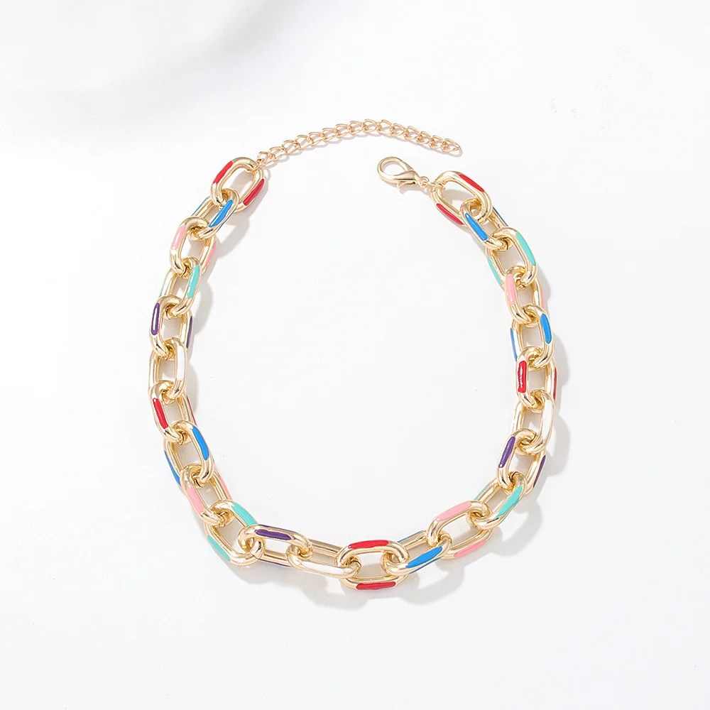 

Hip Hop Colorful Drop Oil Collar Necklaces for Women Trendy Pink Gold Color Thick Chain Choker Necklace Couple Party Jewelry