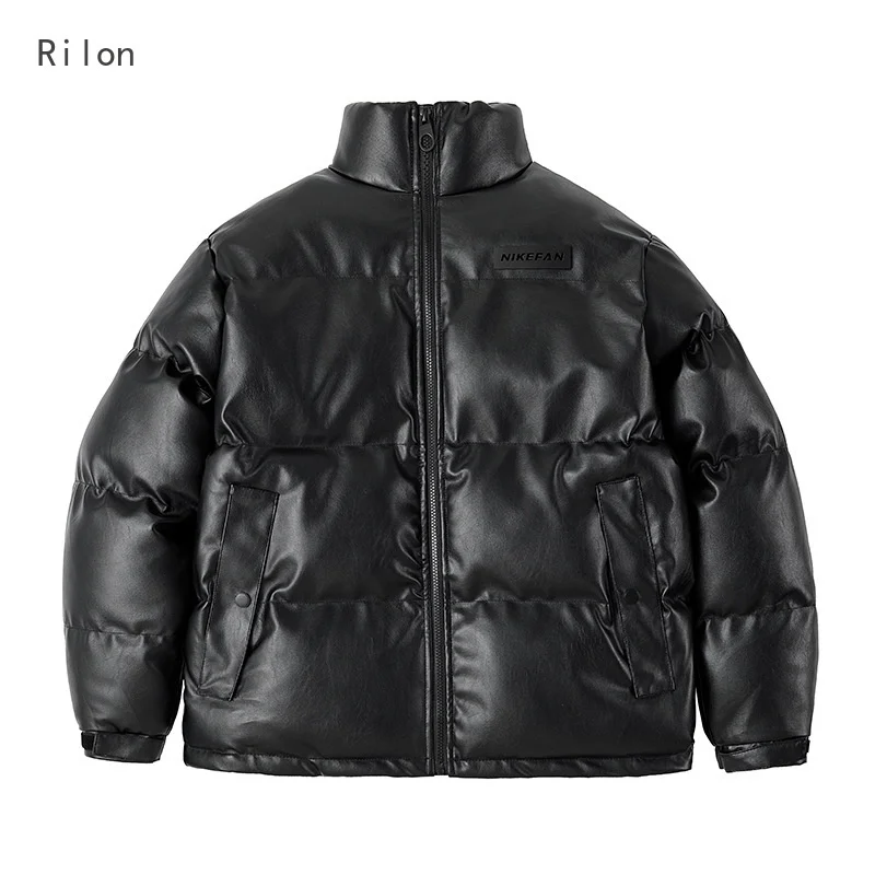 

Winter Men's Parka Jacket Cotton-padded PU Leather Casual Coats Slim Bomber Jacket Man Parka Mens Puffy Cotton Clothes
