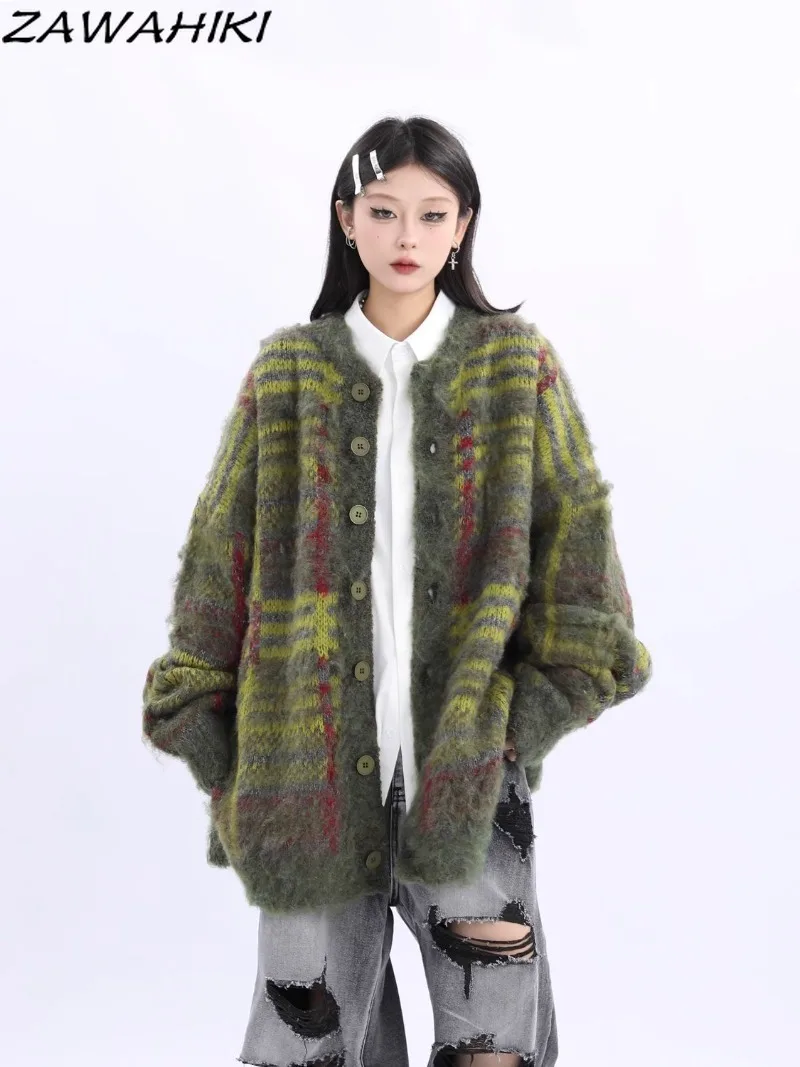 

American Retro Loose Button-up Long Sleeve Striped Contrast Color Cardigan Tops Autumn Casual O-neck Streetwear Women Sweater